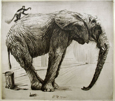 Richard Müller (1874-1954),Affe, eine Maus haltend erklimmt einen in der Manege stehenden
alten Elefanten,Monkey, holding a mouse entering an old circus-elephant standig in a manege