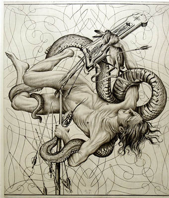 Richard Müller (1874-1954),Starkes, surrealistisches Blatt voll symbolistischer und
zeitlicher Bezüge,created after WW I. this etching in pure symbolism shows a defeated
aggressor 